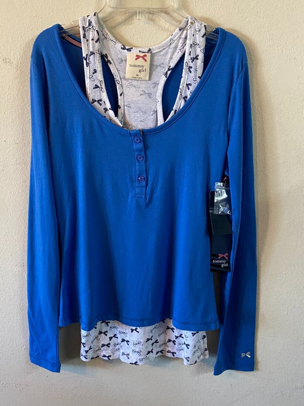 TOMMY GIRL MEDIUM BRIGHT BLUE & WHITE TWO-PIECE FAUX LAYERED HENLEY SHIRT SET